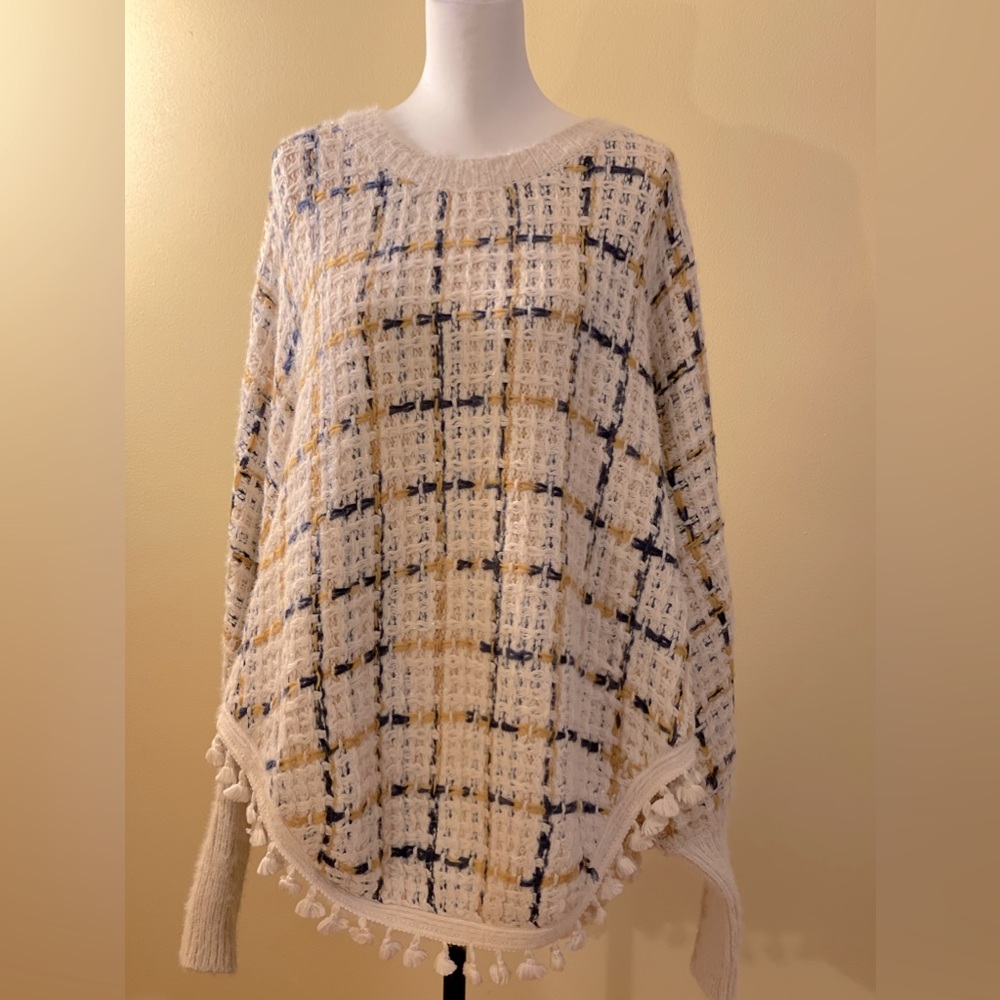 Raga plaid fringed sweater poncho with metallic sheen size S